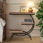 MAYEERTY C-Shape End Table 3-Tier, Matte Black Metal Frame Rustic Brown Top for Living Room