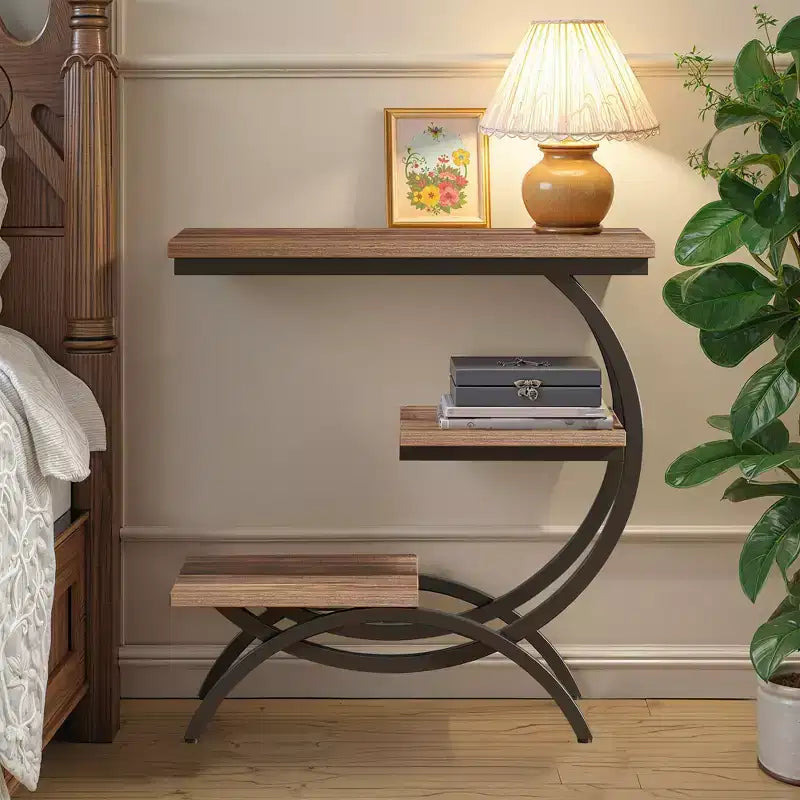 MAYEERTY C-Shape End Table 3-Tier, Matte Black Metal Frame Rustic Brown Top for Living Room