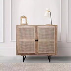 Royal Hampton 35 Inch Handcrafted Accent Cabinet with 2 Mesh Rattan Doors, Black Iron Legs, Mango Wood Frame