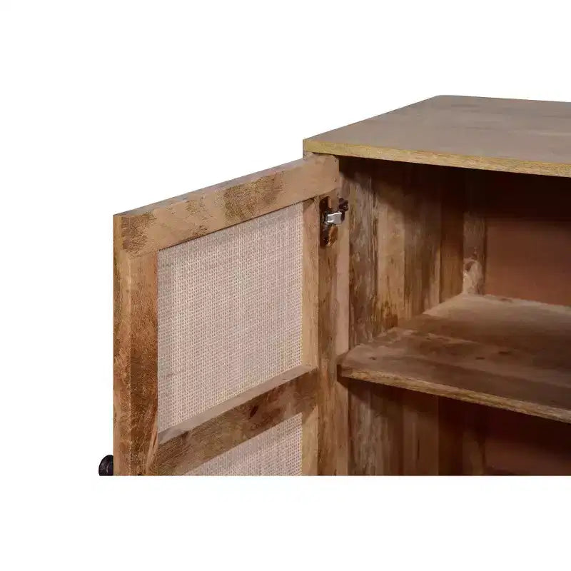 Mobiletto accentato Royal Hampton da 35 pollici, fatto a mano, con 2 ante in rattan a rete, gambe in ferro nero, struttura in legno di mango