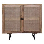 Mobiletto accentato Royal Hampton da 35 pollici, fatto a mano, con 2 ante in rattan a rete, gambe in ferro nero, struttura in legno di mango