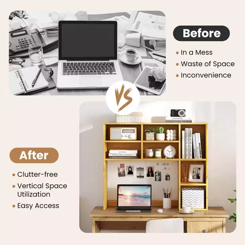 Libreria da scrivania Costway, ripiano portaoggetti da tavolo con 7 scomparti aperti e 3 ripiani regolabili, naturale/beige/grigio/marrone/bianco