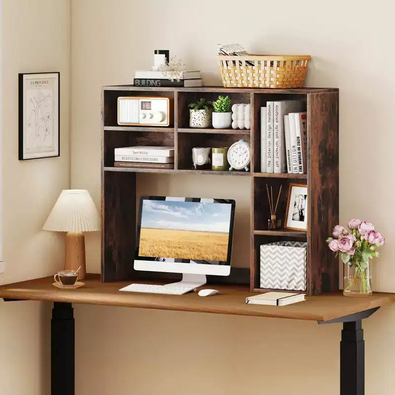 Libreria da scrivania Costway, ripiano portaoggetti da tavolo con 7 scomparti aperti e 3 ripiani regolabili, naturale/beige/grigio/marrone/bianco