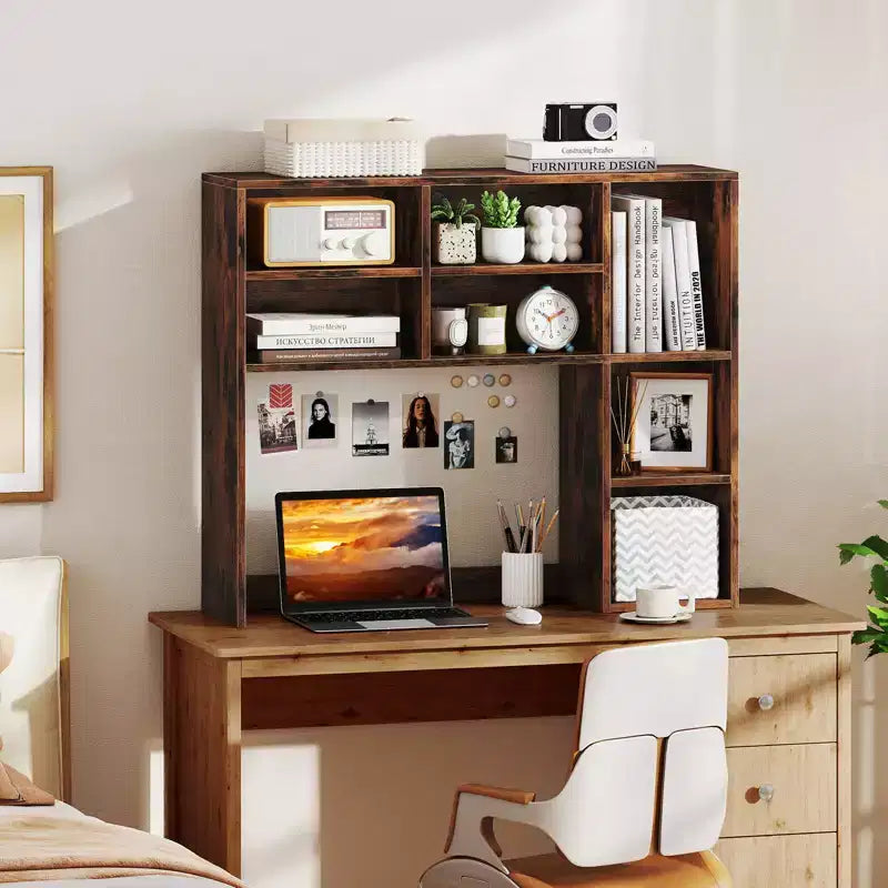 Libreria da scrivania Costway, ripiano portaoggetti da tavolo con 7 scomparti aperti e 3 ripiani regolabili, naturale/beige/grigio/marrone/bianco