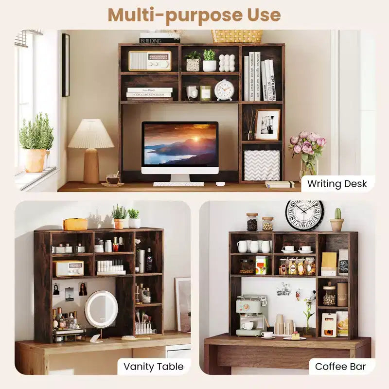 Libreria da scrivania Costway, ripiano portaoggetti da tavolo con 7 scomparti aperti e 3 ripiani regolabili, naturale/beige/grigio/marrone/bianco