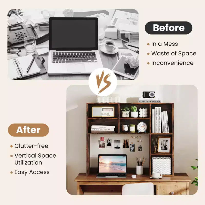 Libreria da scrivania Costway, ripiano portaoggetti da tavolo con 7 scomparti aperti e 3 ripiani regolabili, naturale/beige/grigio/marrone/bianco