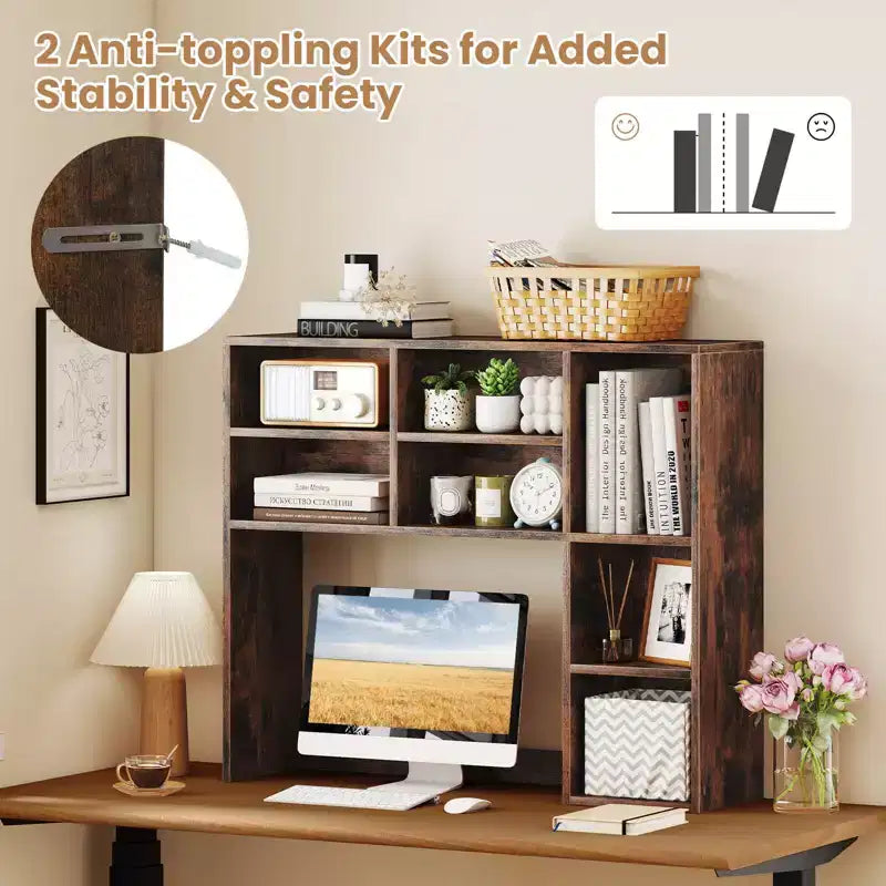 Libreria da scrivania Costway, ripiano portaoggetti da tavolo con 7 scomparti aperti e 3 ripiani regolabili, naturale/beige/grigio/marrone/bianco