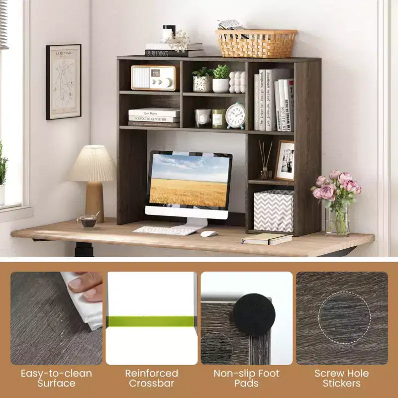 Libreria da scrivania Costway, ripiano portaoggetti da tavolo con 7 scomparti aperti e 3 ripiani regolabili, naturale/beige/grigio/marrone/bianco