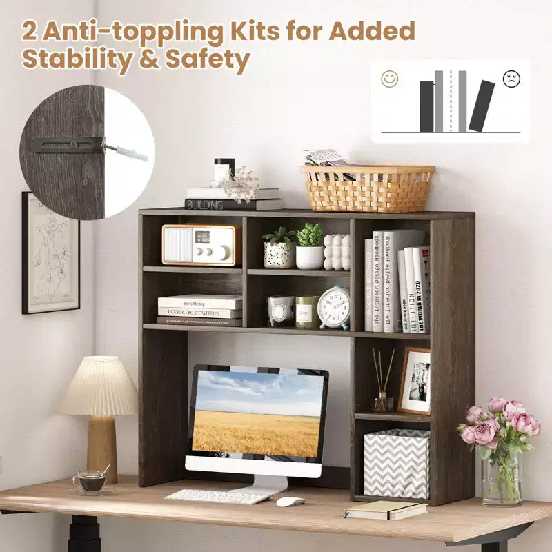 Libreria da scrivania Costway, ripiano portaoggetti da tavolo con 7 scomparti aperti e 3 ripiani regolabili, naturale/beige/grigio/marrone/bianco
