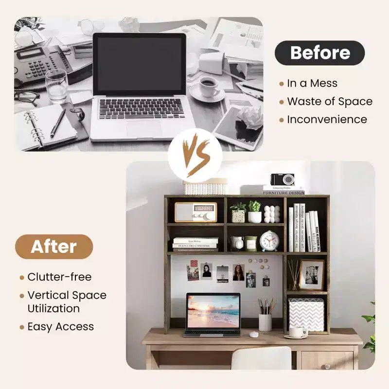 Libreria da scrivania Costway, ripiano portaoggetti da tavolo con 7 scomparti aperti e 3 ripiani regolabili, naturale/beige/grigio/marrone/bianco
