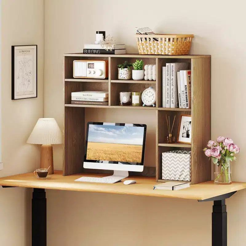 Libreria da scrivania Costway, ripiano portaoggetti da tavolo con 7 scomparti aperti e 3 ripiani regolabili, naturale/beige/grigio/marrone/bianco