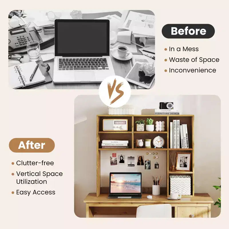 Libreria da scrivania Costway, ripiano portaoggetti da tavolo con 7 scomparti aperti e 3 ripiani regolabili, naturale/beige/grigio/marrone/bianco
