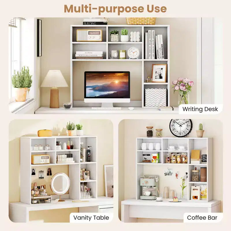 Libreria da scrivania Costway, ripiano portaoggetti da tavolo con 7 scomparti aperti e 3 ripiani regolabili, naturale/beige/grigio/marrone/bianco