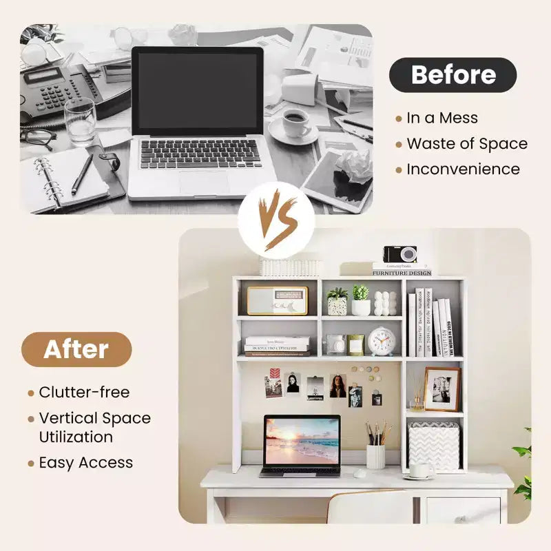Libreria da scrivania Costway, ripiano portaoggetti da tavolo con 7 scomparti aperti e 3 ripiani regolabili, naturale/beige/grigio/marrone/bianco