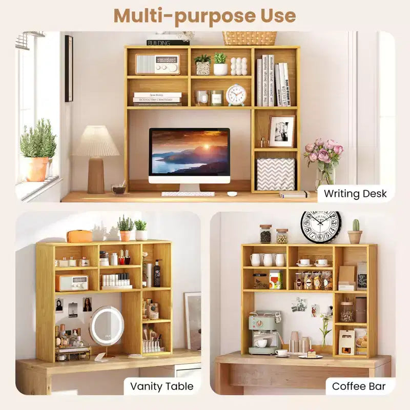 Libreria da scrivania Costway, ripiano portaoggetti da tavolo con 7 scomparti aperti e 3 ripiani regolabili, naturale/beige/grigio/marrone/bianco