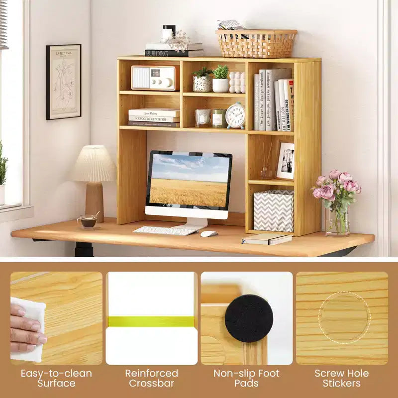 Libreria da scrivania Costway, ripiano portaoggetti da tavolo con 7 scomparti aperti e 3 ripiani regolabili, naturale/beige/grigio/marrone/bianco