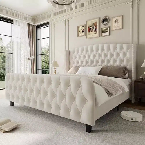 51 Tall Queen/King Size Bed Frame with Deep Button Tufted Wingback Headboard and Footboard, Velvet Upholstered Platform Bed Frame, Easy Assemble