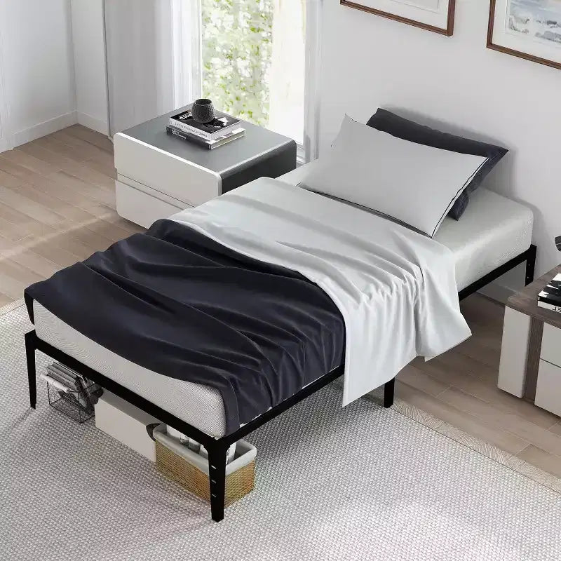 Metal Platform Bed Frame, Noise Free Mattress Foundation with Storage Space, Anti Sliding Heavy Duty Steel Slats, Easy to Assemble