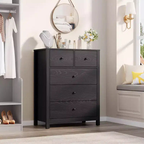 5 Drawer Dresser for Bedroom, Tall Dresser with Deep Drawers & Metal Knobs