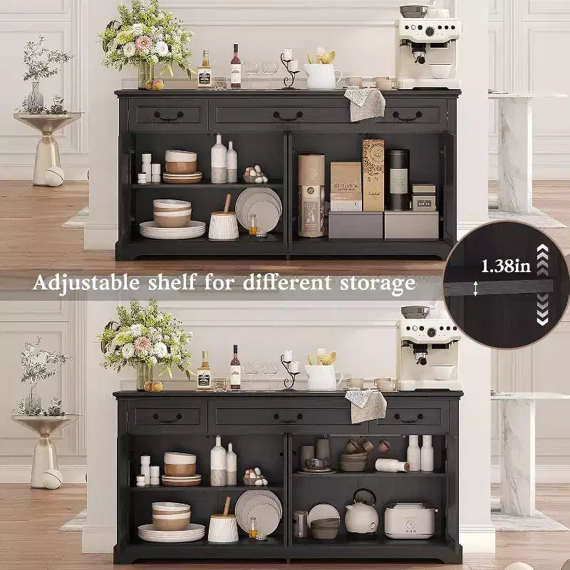 Dyonery 65 Mobile Buffet Grande, Credenza da Cucina Stile Rustico con 3 Cassetti e 4 Ante, Armadietto Bar per Caffè e Vino con Contenitore, Noce