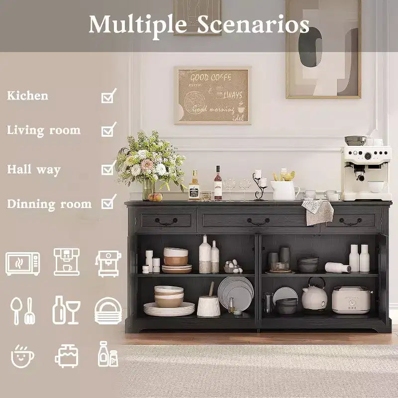 Dyonery 65 Mobile Buffet Grande, Credenza da Cucina Stile Rustico con 3 Cassetti e 4 Ante, Armadietto Bar per Caffè e Vino con Contenitore, Noce