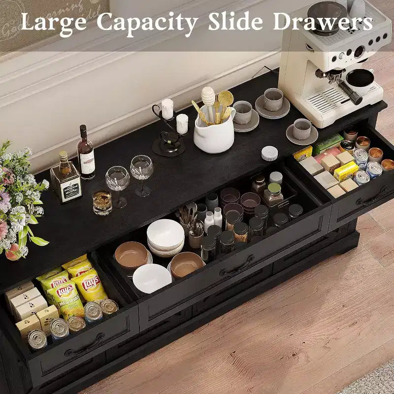 Dyonery 65 Mobile Buffet Grande, Credenza da Cucina Stile Rustico con 3 Cassetti e 4 Ante, Armadietto Bar per Caffè e Vino con Contenitore, Noce