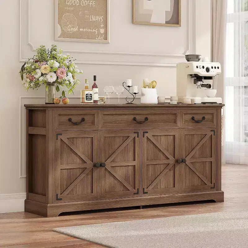 Dyonery 65 Mobile Buffet Grande, Credenza da Cucina Stile Rustico con 3 Cassetti e 4 Ante, Armadietto Bar per Caffè e Vino con Contenitore, Noce