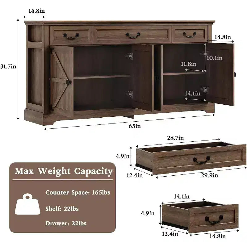 Dyonery 65 Mobile Buffet Grande, Credenza da Cucina Stile Rustico con 3 Cassetti e 4 Ante, Armadietto Bar per Caffè e Vino con Contenitore, Noce