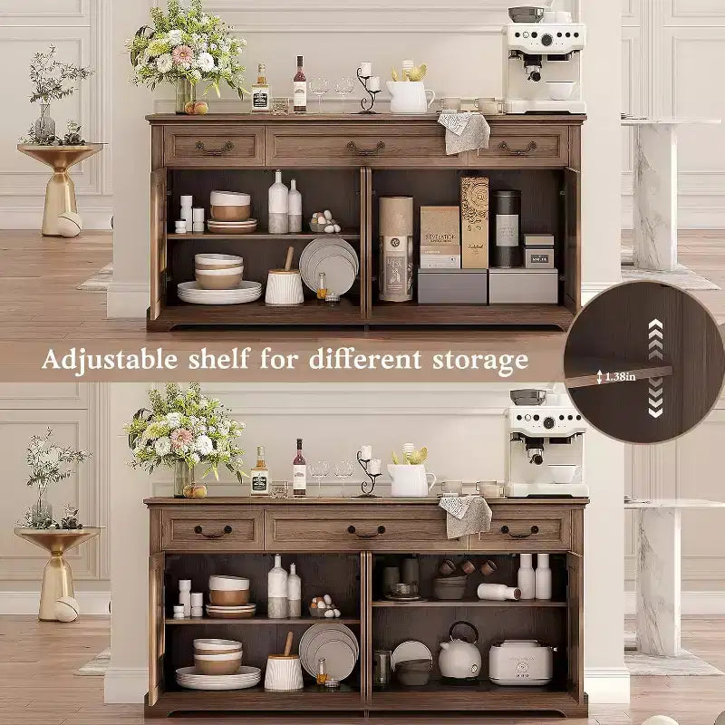 Dyonery 65 Mobile Buffet Grande, Credenza da Cucina Stile Rustico con 3 Cassetti e 4 Ante, Armadietto Bar per Caffè e Vino con Contenitore, Noce