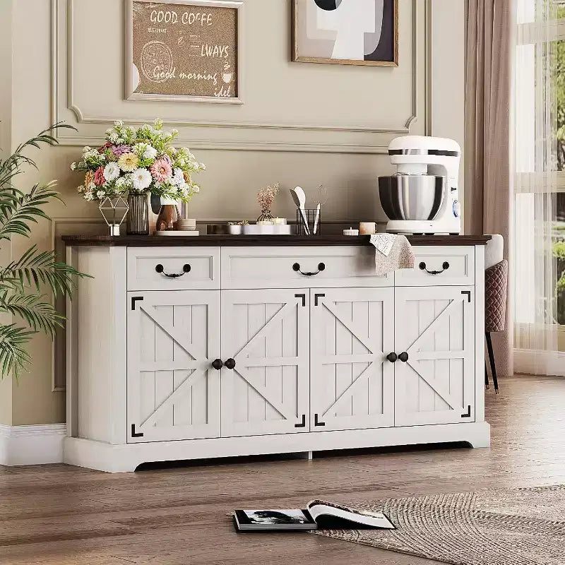 Dyonery 65 Mobile Buffet Grande, Credenza da Cucina Stile Rustico con 3 Cassetti e 4 Ante, Armadietto Bar per Caffè e Vino con Contenitore, Noce