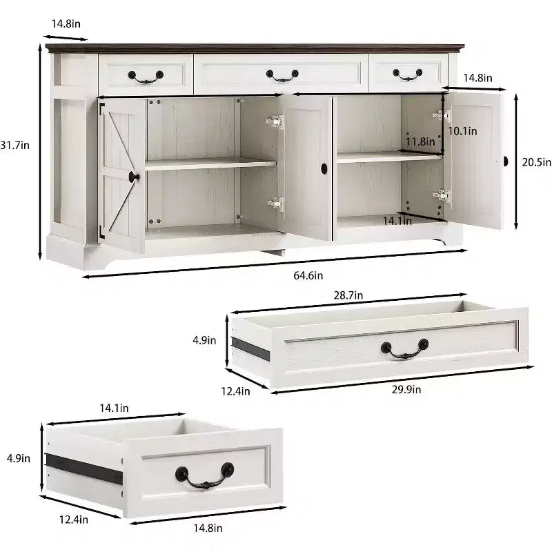 Dyonery 65 Mobile Buffet Grande, Credenza da Cucina Stile Rustico con 3 Cassetti e 4 Ante, Armadietto Bar per Caffè e Vino con Contenitore, Noce