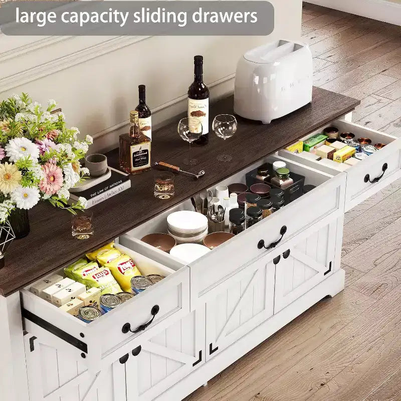 Dyonery 65 Mobile Buffet Grande, Credenza da Cucina Stile Rustico con 3 Cassetti e 4 Ante, Armadietto Bar per Caffè e Vino con Contenitore, Noce