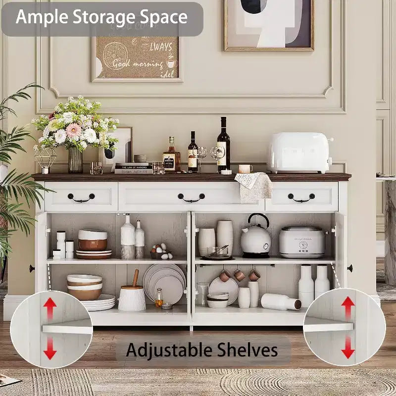 Dyonery 65 Mobile Buffet Grande, Credenza da Cucina Stile Rustico con 3 Cassetti e 4 Ante, Armadietto Bar per Caffè e Vino con Contenitore, Noce