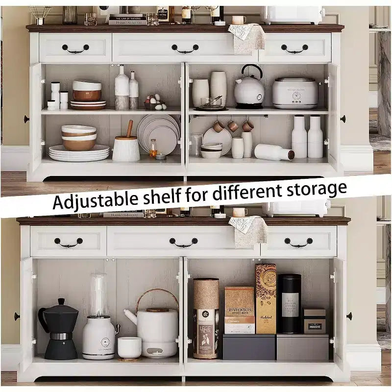 Dyonery 65 Mobile Buffet Grande, Credenza da Cucina Stile Rustico con 3 Cassetti e 4 Ante, Armadietto Bar per Caffè e Vino con Contenitore, Noce