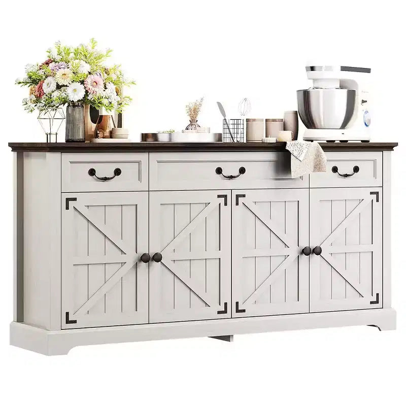 Dyonery 65 Mobile Buffet Grande, Credenza da Cucina Stile Rustico con 3 Cassetti e 4 Ante, Armadietto Bar per Caffè e Vino con Contenitore, Noce