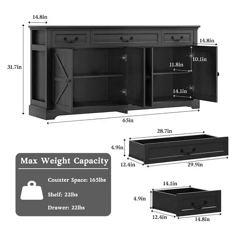 Dyonery 65 Mobile Buffet Grande, Credenza da Cucina Stile Rustico con 3 Cassetti e 4 Ante, Armadietto Bar per Caffè e Vino con Contenitore, Noce