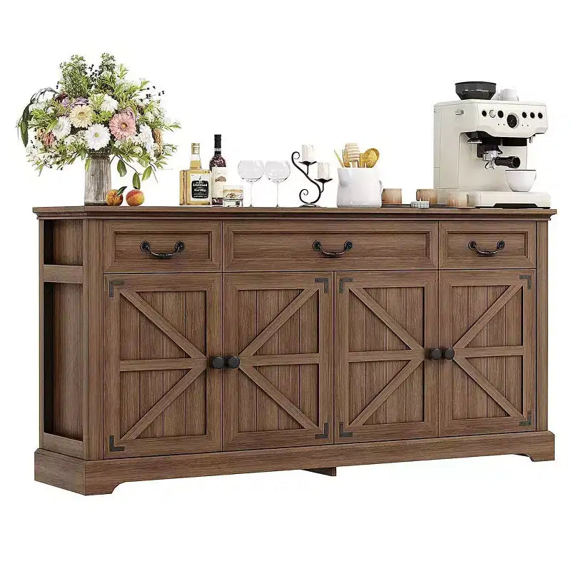 Dyonery 65 Mobile Buffet Grande, Credenza da Cucina Stile Rustico con 3 Cassetti e 4 Ante, Armadietto Bar per Caffè e Vino con Contenitore, Noce