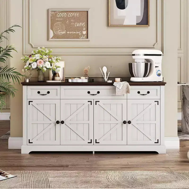 Dyonery 65 Mobile Buffet Grande, Credenza da Cucina Stile Rustico con 3 Cassetti e 4 Ante, Armadietto Bar per Caffè e Vino con Contenitore, Noce