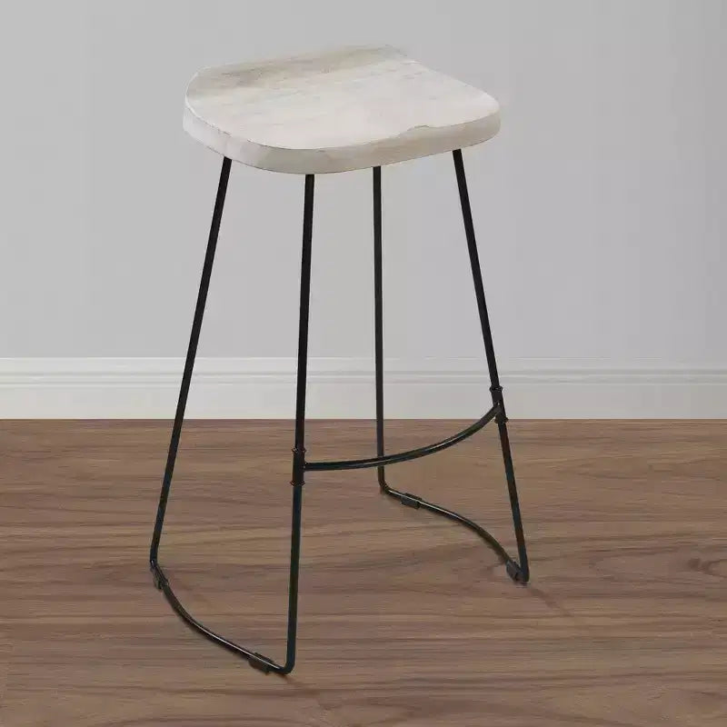 Sgabello da bar Royal Hampton da 30 pollici, senza schienale, realizzato a mano, con seduta a sella in legno di mango lavato e base in metallo nero