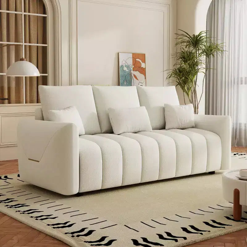 PexFix 80.7 in. W Premium Teddy Fabric 3-Seat Sofa in White with 3 Pillows and 3 Back Cushions for Living Room Bedroom and Office