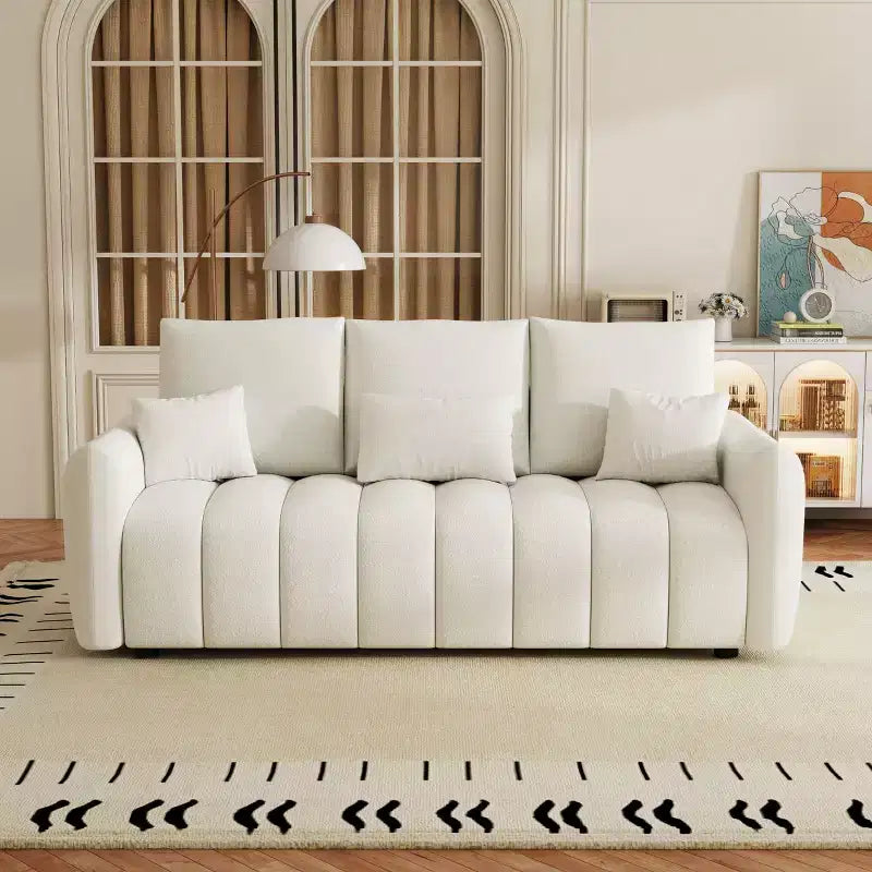 PexFix 205 cm L Divano a 3 Posti in Tessuto Teddy Premium Bianco con 3 Cuscini e 3 Cuscini Schienale per Soggiorno Camera da Letto e Ufficio