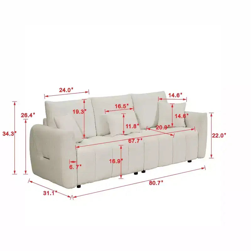 PexFix 205 cm L Divano a 3 Posti in Tessuto Teddy Premium Bianco con 3 Cuscini e 3 Cuscini Schienale per Soggiorno Camera da Letto e Ufficio