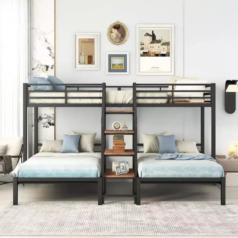 Okak Twin over Twin-Twin Triple Loft Bunk Bed with Storage Shelves Staircase Metal Frame Bed with Safety Full-Length Guardrail for Teens Kids