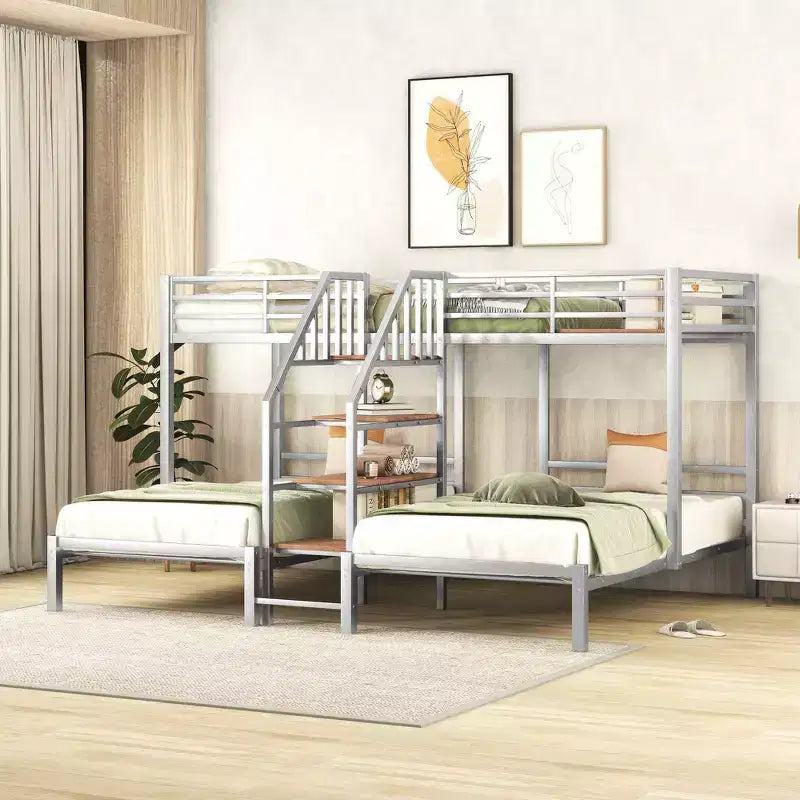 Letto a Castello Triplo Okak Twin su Twin-Twin con Ripiani e Scala, Struttura in Metallo con Ringhiera di Sicurezza a Tutta Lunghezza per Ragazzi e Bambini