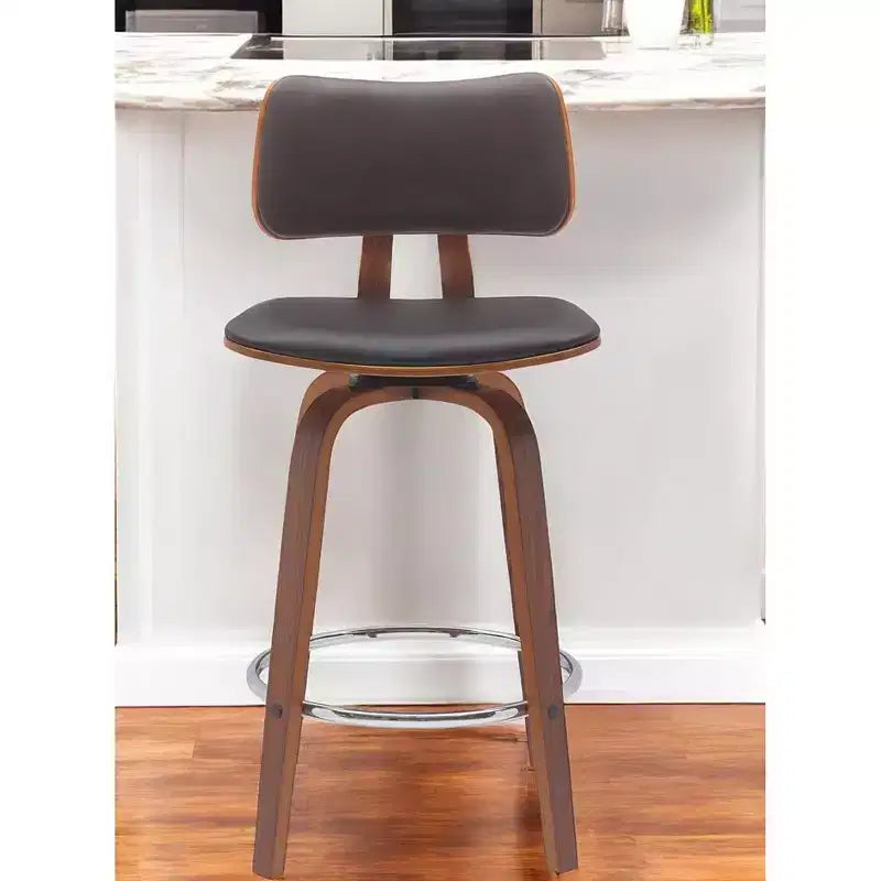 HomeRoots Sedia da bar girevole marrone in similpelle marrone e legno con schienale basso altezza bancone, 26