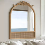 MAYEERTY 35.83x24.02x1.57in Solid Wood Carved Rattan Right Angle Arch Brown Hanging Mirror