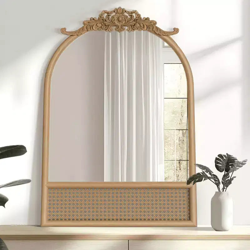 MAYEERTY 91x61x4cm Specchio Sospeso Marrone Intagliato in Legno Massello con Rattan e Angolo Retto