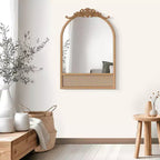 MAYEERTY 91x61x4cm Specchio Sospeso Marrone Intagliato in Legno Massello con Rattan e Angolo Retto
