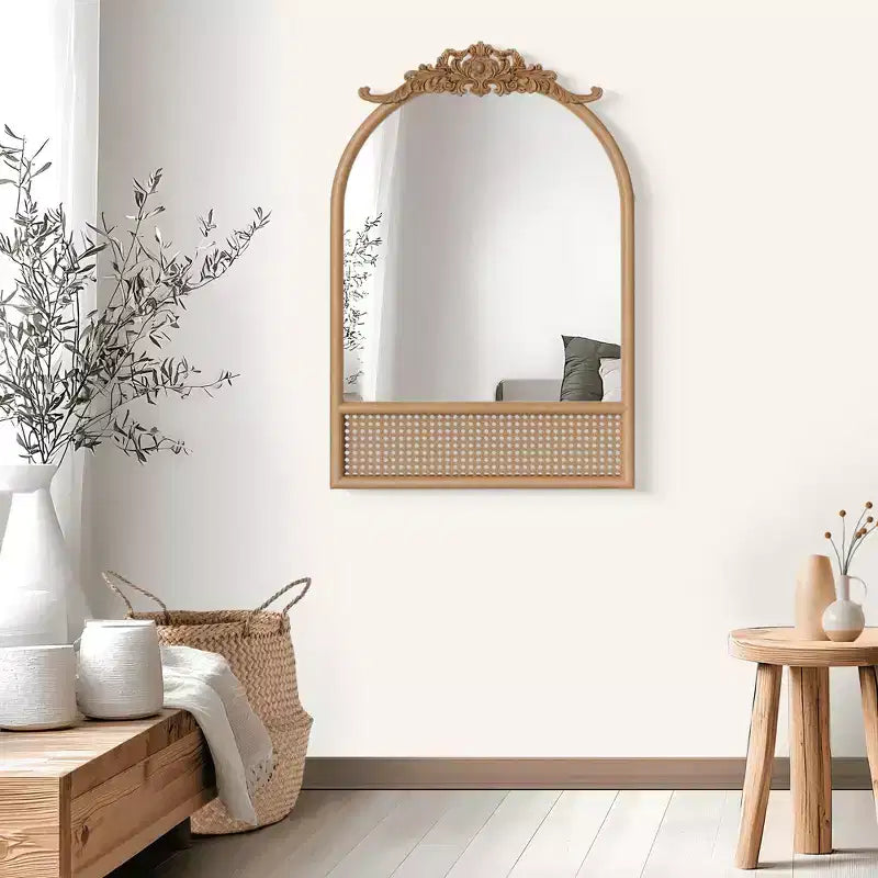 MAYEERTY 91x61x4cm Specchio Sospeso Marrone Intagliato in Legno Massello con Rattan e Angolo Retto