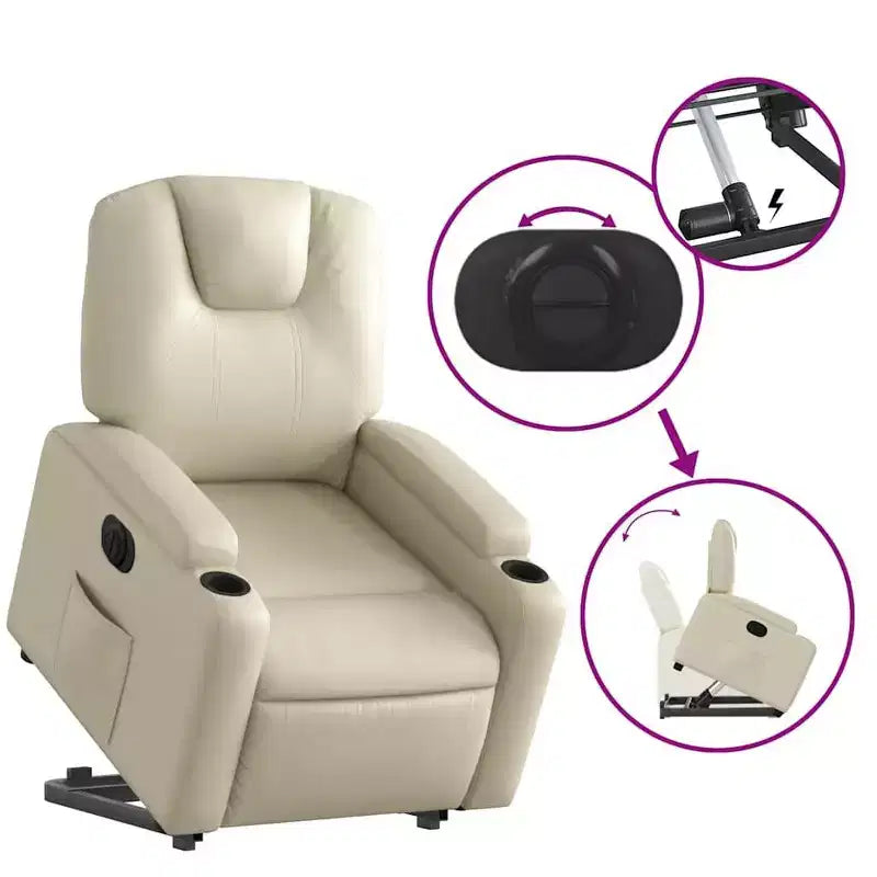 vidaXL Poltrona Reclinabile Elettrica con Power Lift - Poltrona Alzapersona in Similpelle Crema con Portabicchieri e Tasca per Soggiorno, Camera da Letto